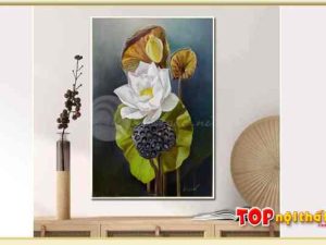 Hình ảnh Tranh hoa sen trắng vẽ sơn dầu khổ đứng đẹp TraTop-3061