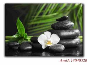 Tranh treo tường đá Spa với hoa lan và lá tre trên nền tối AmiA 1304052024